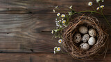 Spring nest with quail eggs with flowers on a wooden background, top view