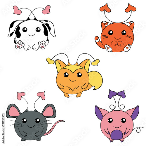 Set of five colourful monsters with heart horns in the shape of a dog, cat, mouse or rat, fox, piggy 