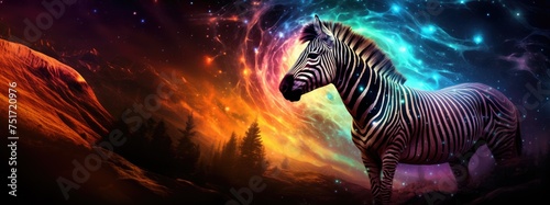 Zebra on cosmic background with space, stars, nebulae, vibrant colors, flames; digital art in fantasy style, featuring astronomy elements, celestial themes, interstellar ambiance