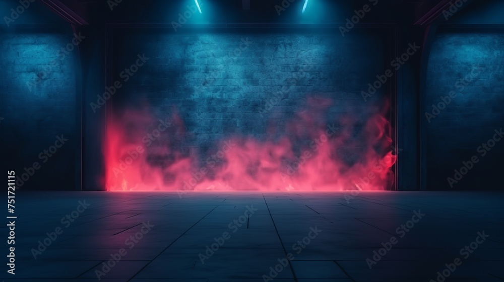 Empty Dark Room Background with Neon Light, Smoke, and Glow.