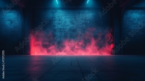 Empty Dark Room Background with Neon Light, Smoke, and Glow.