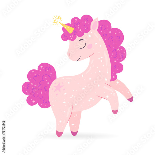 Magical pink unicorn with stars. Cute hand drawn horse. Cartoon character for invitation, poster, sticker, print and greeting card. Childish vector illustration isolated on white background.