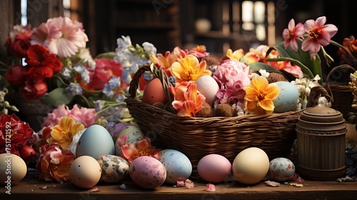 Farmhouse style decoration for Easter. Rustic basket with eggs and flowers.