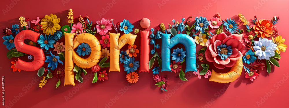 Inflated, three-dimensional letters in the form of word  SPRING on green background . Seasonal holiday, inspiring phrases concept.