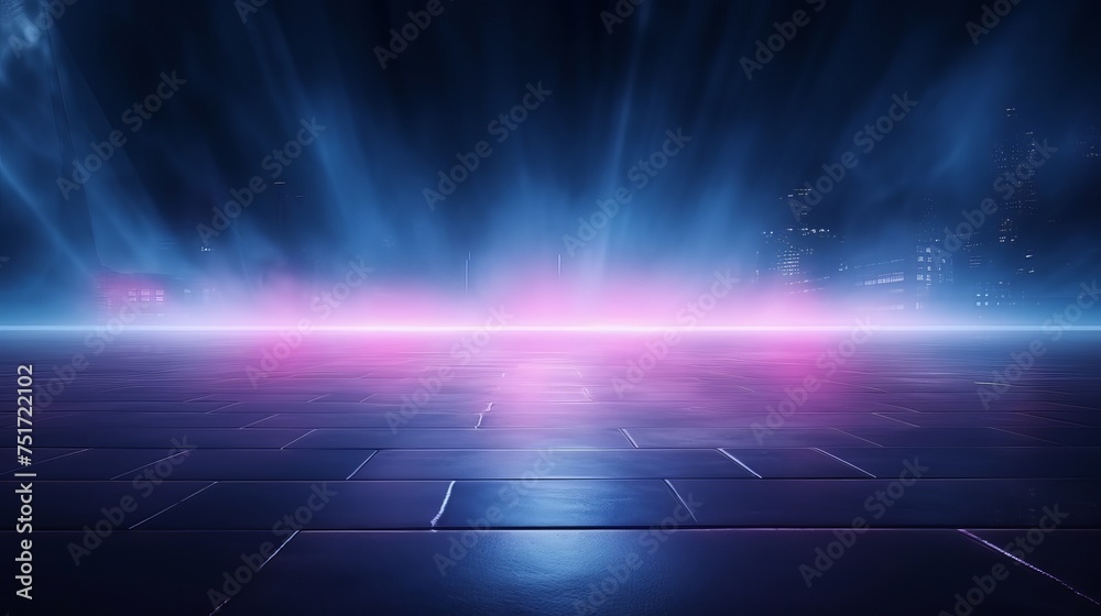 Empty Dark Street Background with Blue and Pink Neon Light Reflections on Wet Pavement. Abstract Neon Shapes. Empty Dark Street Background with Blue and Pink Neon Light Reflections on Wet Pavement. Abstract Neon Shapes.