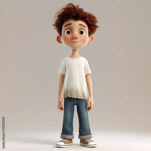 Cute 8 year old boy with brown hair and freckles smiling at the camera on white background. Cute boy, 3d concept art.