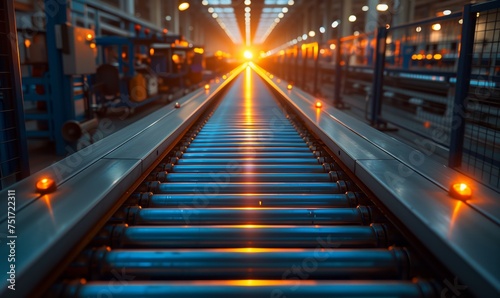 A train track in a factory with sunlight streaming through the windows, creating a symmetrical and picturesque thoroughfare in the metropolitan area