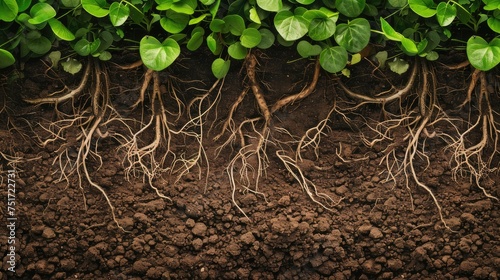 Close-up of plant roots thriving in nutrient-rich, fertile soil. Witness the beauty and vitality of nature's underground marvels