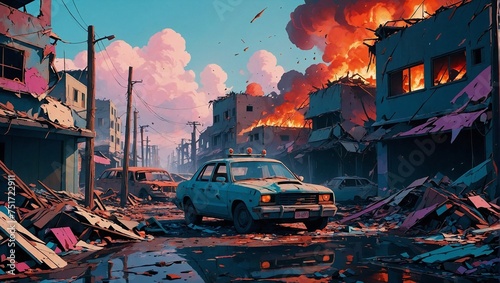 illustration of dystopian world ravaged by endless wars, ravaging pandemics, and catastrophic climate disasters