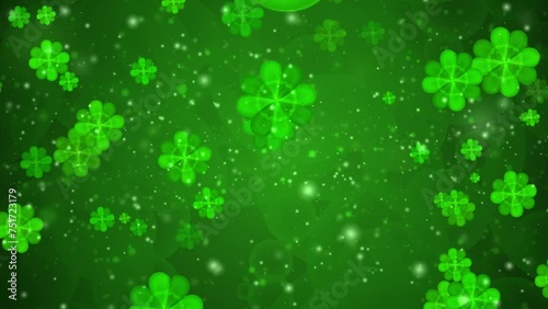 Shamrock animated background. Flying clover leaves. St Patrick Day