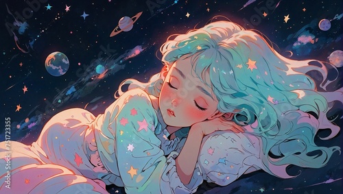 illustration of anime princess girl sleeping in space fantasy art