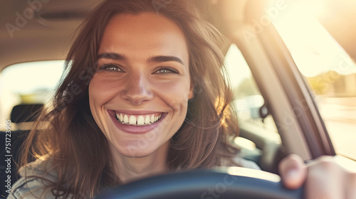 A charming young woman with a delightful smile takes control of the steering wheel as she drives a car photo