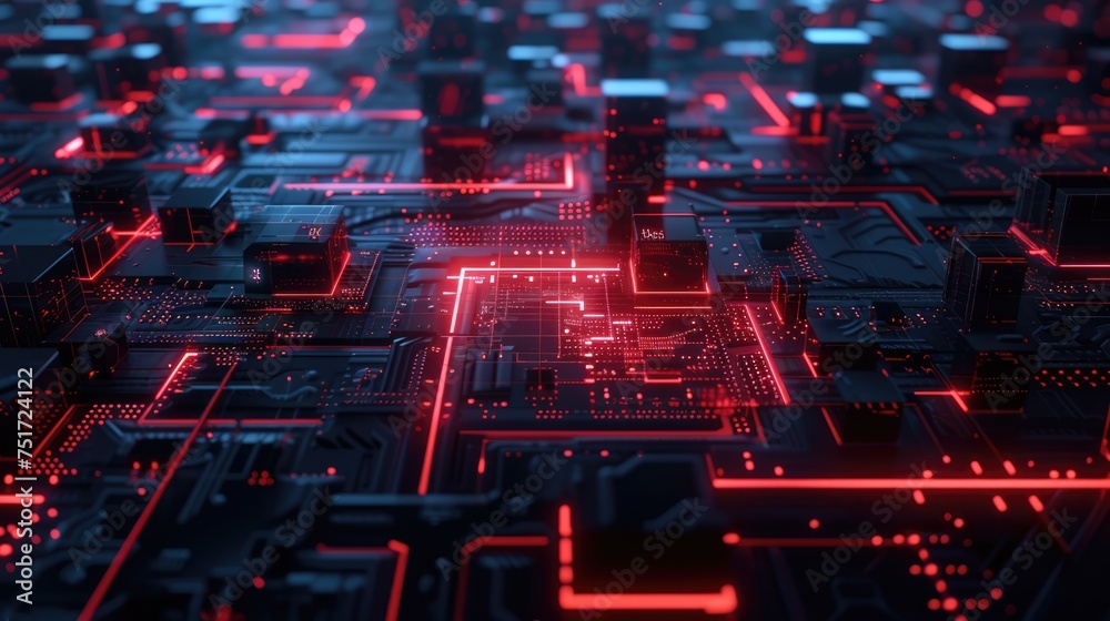 A close-up of a circuit board with red neon lights coming out of it. The circuit board has black electrical components and winding copper wires. A computer circuit board with glowing red LED lights.