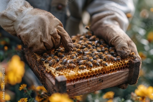 A tranquil moment in beekeeping: A beekeeper inspecting a frame filled with golden honey under the gentle sunlight photo