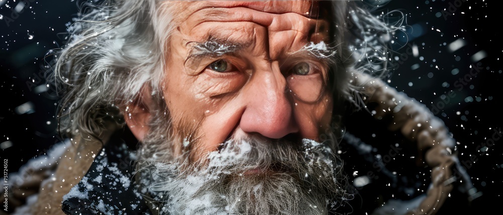 Old man with green eyes on a dark background in a snowstorm
