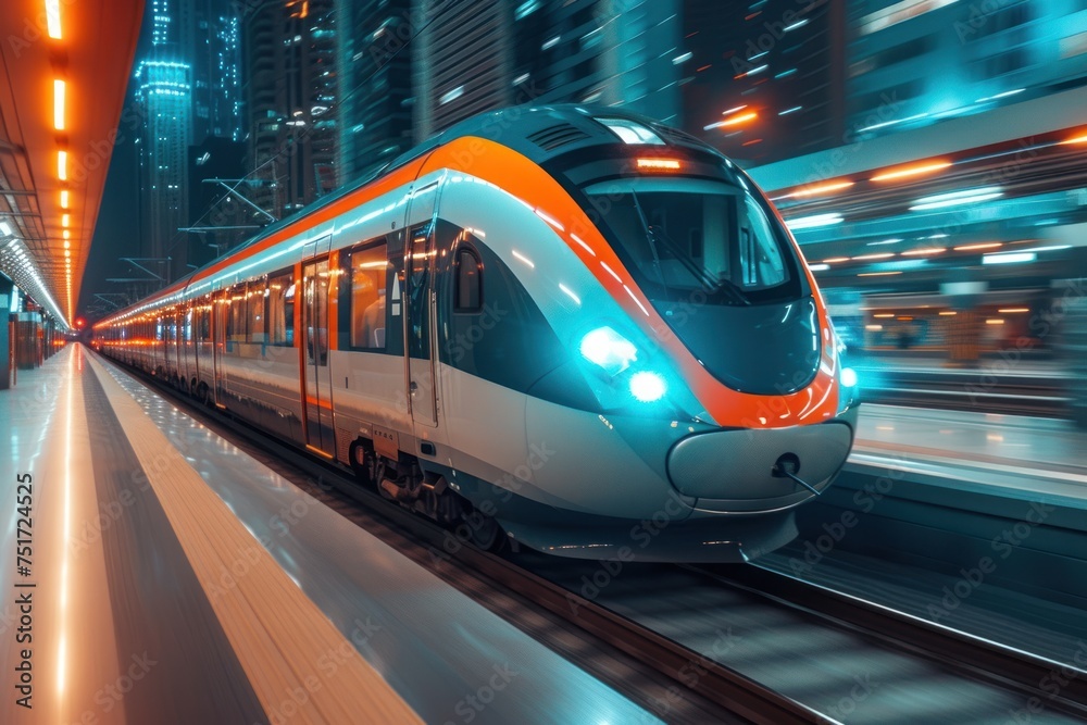 Electric passenger train drives at high speed among urban landscape