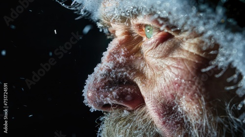 Old man with green eyes on a dark background in a snowstorm