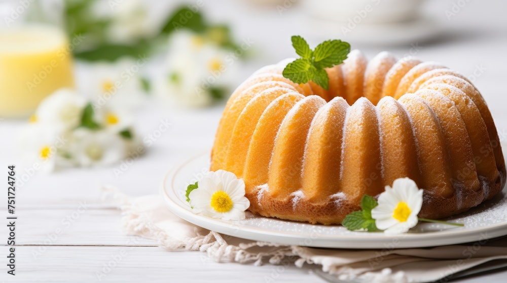 Homemade vanilla bundt cake on white wooden background Homemade vanilla bundt cake on white wooden background
