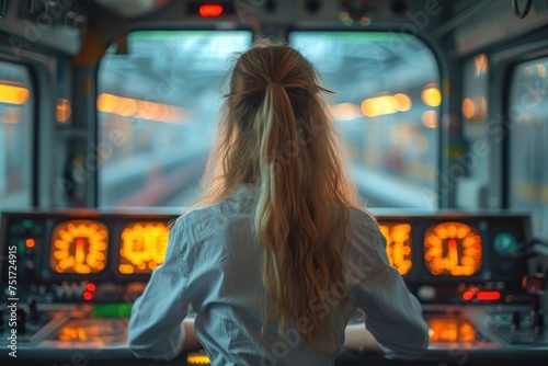 Female train conductor, waist-high view