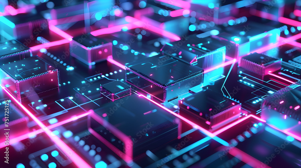 Futuristic circuit board landscape with neon lights