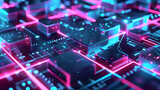 Futuristic circuit board landscape with neon lights