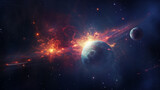 A captivating space illustration featuring planets colliding within a fiery nebula, radiating intense energy and light