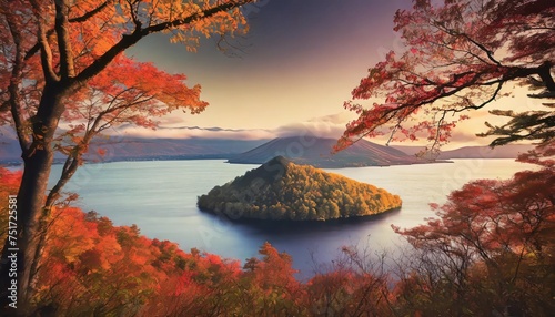 view of lake toya framed by autumn trees in the evening and volcanic island in the middle of the lake abuta hokkaido japan photo