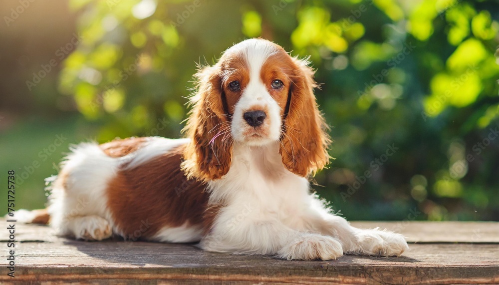 red and white puppy of spaniel relax on the porch in sunny day