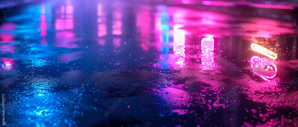 Cinematic, background of wet asphalt with reflection of blue purple neon light, abstract background
