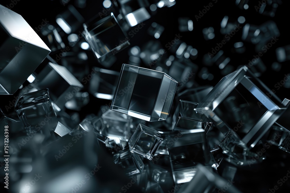 Captivating 3D design showcasing a play of light on geometric glass blocks against a dark backdrop. Captivating 3D design showcasing a play of light on geometric glass blocks against a dark backdrop.