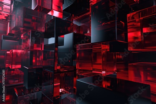 A captivating display of red and black cubes in various sizes and orientations creates a dynamic composition on a wall. A wall of red and black cubes in different sizes and shapes