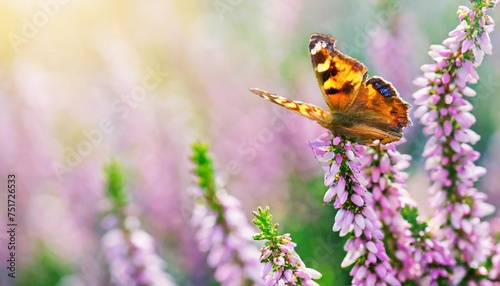dreamy heather flowers bloom grass butterfly close up panorama macro with soft focus spring floral greeting card template pastel toned nature greeting card background