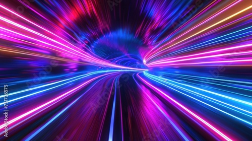 Abstract background neon flight in tunnel 3d illustration. generative AI image