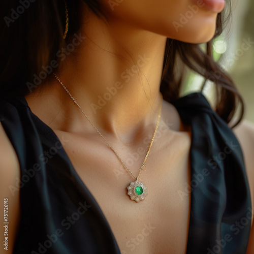 Emerald Pendant on Gold Chain Against Blurred Festive Background