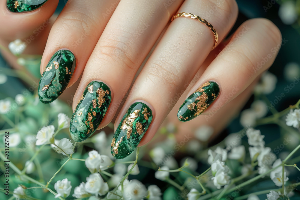 A professional manicure with green and gold leaf nails and a necklace on the hand A professional manicure with green and gold leaf nails and a necklace on the hand