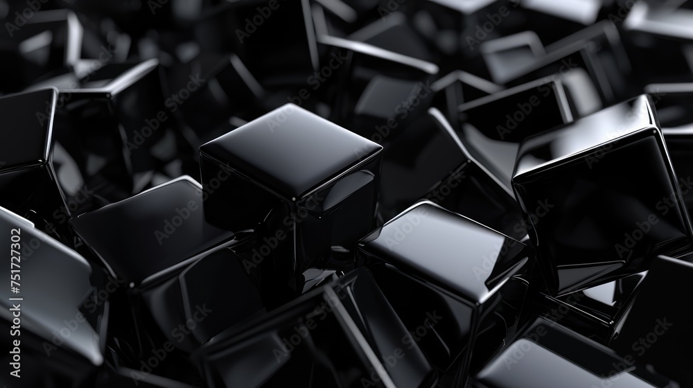 3D cubes floating in a dark, empty space. The cubes are various sizes and some are transparent. This abstract image is ideal for websites and blogs about design, technology, or 3D art - obrazy, fototapety, plakaty 