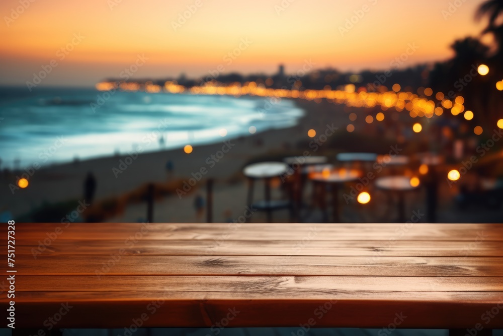 Wooden table top with blurry beach in the backdrop at dusk, A wooden table top with a blurry background of a beach , Ai generated