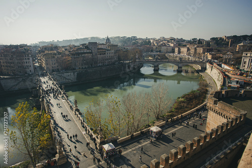 view from Saint Angel castle on Tiber river and bridges