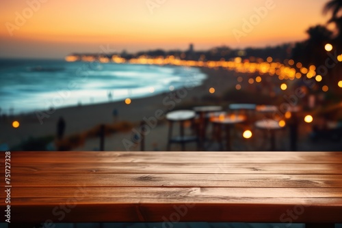Wooden table top with blurry beach in the backdrop at dusk, A wooden table top with a blurry background of a beach , Ai generated