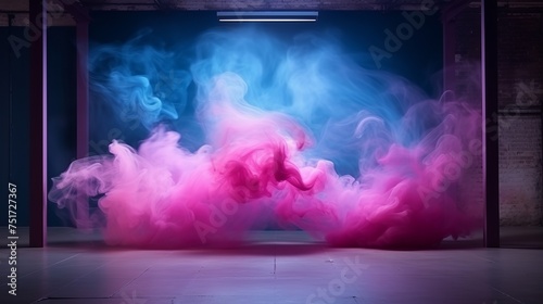 Empty Scene with Pink and Blue Glowing Smoke on Floor. Fashionable Spectrum Background.