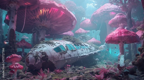 3D render of a derelict spaceship entangled in massive otherworldly fungi in a neonlit forest a scene of eerie beauty