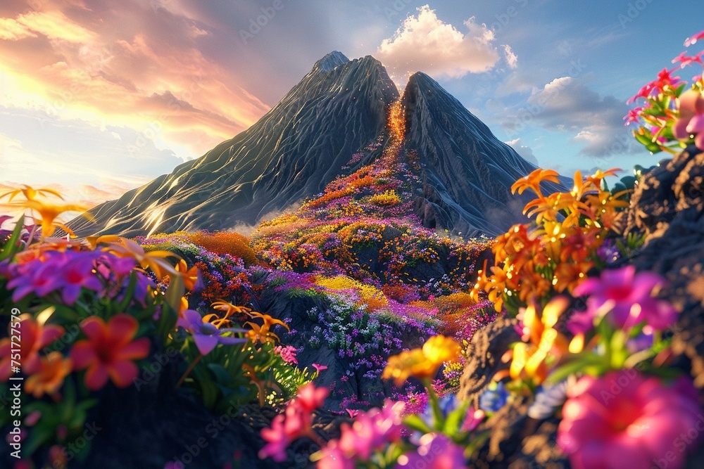 3D render of a majestic volcano its crater erupting not with lava but with thousands of vibrant blooming flowers - obrazy, fototapety, plakaty 