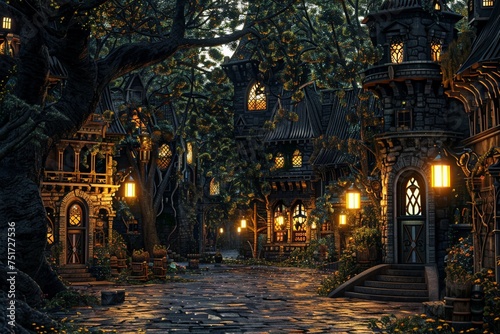 3D render of a hidden fantasy city where the mafia controls the magical black market nestled within an enchanted forest