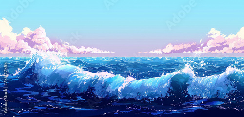 Pixelated ocean waves crashing.