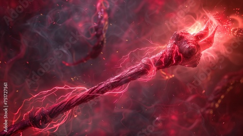 3D render of a magical staff wrapped in a weave of crimson thread casting spells that summon thunder
