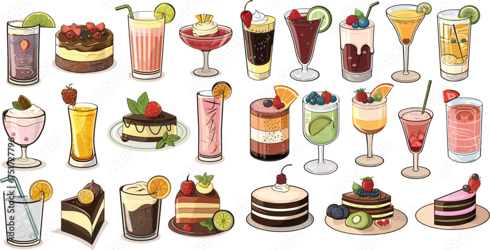 Isolated variety of dessert and drink icons Isolated variety of dessert and drink icons