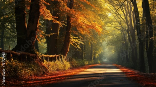 Autumn foliage country road with yellow and red leaves  large  beautiful trees on either side