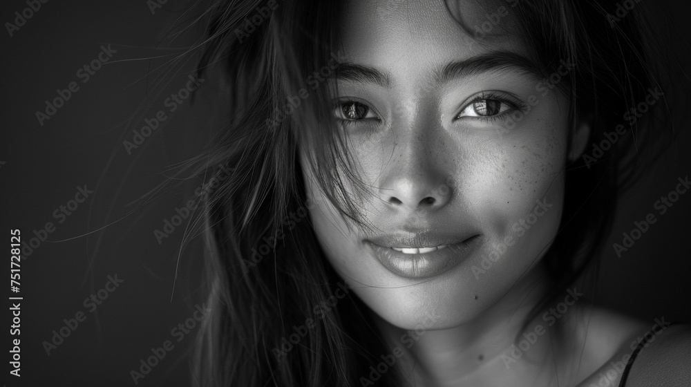 Black and white monochrome portrait of a ethnically mixed woman with a captivating smile. Black and white monochrome portrait of a ethnically mixed woman with a captivating smile.