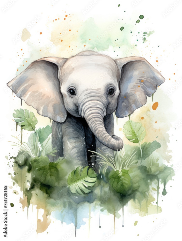 Bright watercolor painting of a cheerful baby elephant outdoors