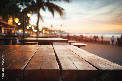 Wooden table top with blurry beach in the backdrop at dusk, empty wooden table with blurry beach bar background, Ai generated